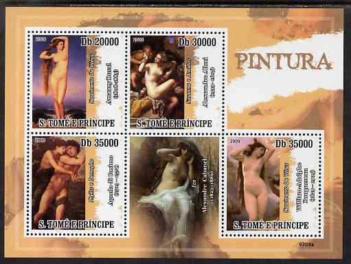 St Thomas & Prince Islands 2009 Nude Paintings perf sheetlet containing 4 values unmounted mint, stamps on arts, stamps on nudes, stamps on 