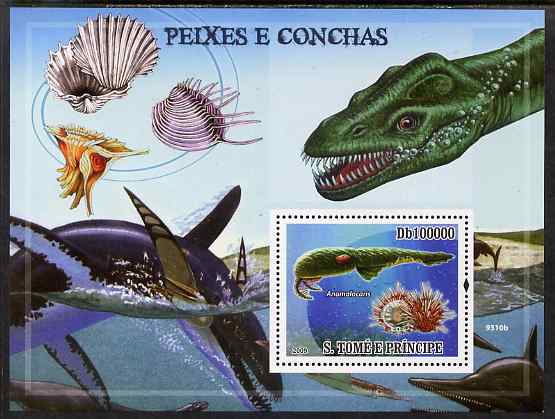St Thomas & Prince Islands 2009 Pre-historic Fish & Shells perf s/sheet unmounted mint, stamps on dinosaurs, stamps on fish, stamps on shells, stamps on marine life, stamps on dolphins