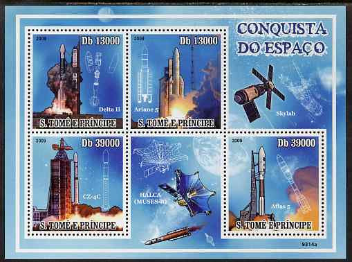 St Thomas & Prince Islands 2009 Conquest of Space perf sheetlet containing 4 values unmounted mint, stamps on space, stamps on rockets, stamps on satellites
