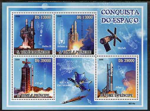 St Thomas & Prince Islands 2009 Conquest of Space perf sheetlet containing 4 values unmounted mint, stamps on , stamps on  stamps on space, stamps on  stamps on rockets, stamps on  stamps on satellites