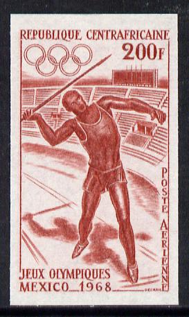 Central African Republic 1968 Mexico Olympics 200f (Javelin) imperf colour trial proof (several different combinations available but price is for ONE) as SG 160 unmounted mint, stamps on , stamps on  stamps on olympics    sport    javelin