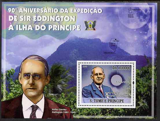St Thomas & Prince Islands 2009 Sir Arthur Stanley Eddington perf s/sheet unmounted mint, stamps on personalities, stamps on science, stamps on eclipse, stamps on atomics, stamps on astronomy