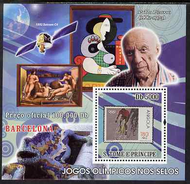 St Thomas & Prince Islands 2009 Olympic Games -Angola stamp showing a Cyclist perf s/sheet (limited edition) unmounted mint, stamps on olympics, stamps on satellites, stamps on stamp on stamp, stamps on stampon, stamps on picasso, stamps on arts, stamps on bicycles