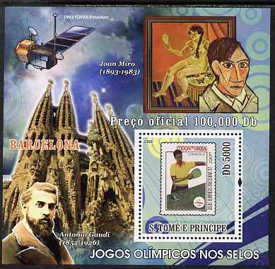 St Thomas & Prince Islands 2009 Olympic Games - Mozambique stamp showing Table Tennis perf s/sheet (limited edition) unmounted mint, stamps on olympics, stamps on stamp on stamp, stamps on stampon, stamps on table tennis, stamps on arts, stamps on nudes, stamps on satellites