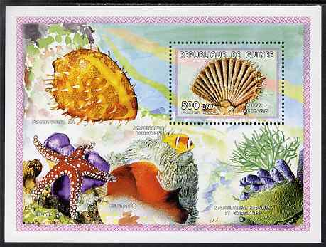 Guinea - Conakry 1999 Marine Life #2 perf m/sheet (Pecten jacobaeus Scallop) unmounted mint. Note this item is privately produced and is offered purely on its thematic ap..., stamps on marine life, stamps on shells, stamps on fish