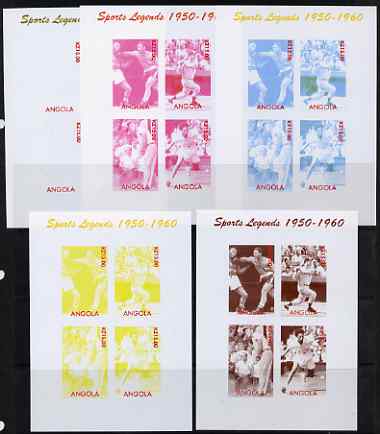 Angola 2000 Sports Legends 1950-1960 sheetlet containing 4 values (Boxing, Baseball, Golf & Tennis) the set of 5 imperf progressive proofs comprising the 4 individual col..., stamps on personalities, stamps on sports, stamps on golf, stamps on baseball, stamps on tennis, stamps on boxing, stamps on women