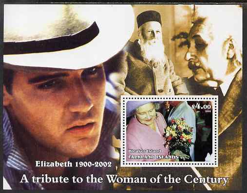 Bleaker Island (Falkland Islands) 2002 A Tribute to the Woman of the Century #5 Queen Mother perf souvenir sheet unmounted mint (Also shows Einstein, Henri Dunant & Elvis). Note this item is privately produced and is offered purely on its thematic appeal, it has no postal validity, stamps on personalities, stamps on royalty, stamps on music, stamps on queen mother, stamps on elvis, stamps on red cross, stamps on movies, stamps on cinema, stamps on films, stamps on einstein, stamps on science, stamps on physics, stamps on nobel, stamps on maths, stamps on space, stamps on judaica, stamps on atomics