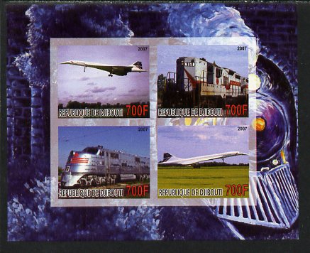 Djibouti 2007 Railways & Concorde #1 imperf sheetlet containing 4 values unmounted mint. Note this item is privately produced and is offered purely on its thematic appeal, stamps on , stamps on  stamps on railways, stamps on  stamps on aviation, stamps on  stamps on concorde