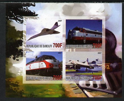 Djibouti 2007 Railways & Concorde #3 imperf sheetlet containing 4 values unmounted mint. Note this item is privately produced and is offered purely on its thematic appeal, stamps on railways, stamps on aviation, stamps on concorde