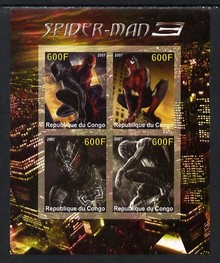 Congo 2007 Spiderman imperf sheetlet containing 4 values unmounted mint. Note this item is privately produced and is offered purely on its thematic appeal, stamps on , stamps on  stamps on entertainments, stamps on  stamps on films, stamps on  stamps on cinema, stamps on  stamps on comics, stamps on  stamps on fantasy, stamps on  stamps on sci-fi