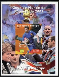 St Thomas & Prince Islands 2004 Rugby World Cup #1 Jean-Baptiste Elissalde imperf souvenir sheet unmounted mint. Note this item is privately produced and is offered purely on its thematic appeal, stamps on , stamps on  stamps on sport, stamps on  stamps on rugby, stamps on  stamps on diana