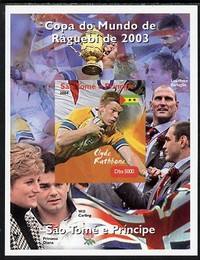 St Thomas & Prince Islands 2004 Rugby World Cup #3 Clyde Rathbone imperf souvenir sheet unmounted mint. Note this item is privately produced and is offered purely on its thematic appeal, stamps on , stamps on  stamps on sport, stamps on  stamps on rugby, stamps on  stamps on diana