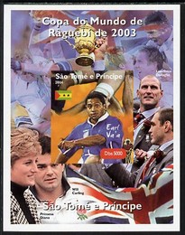 St Thomas & Prince Islands 2004 Rugby World Cup #8 Earl Va'a imperf souvenir sheet unmounted mint. Note this item is privately produced and is offered purely on its thematic appeal, stamps on , stamps on  stamps on sport, stamps on  stamps on rugby, stamps on  stamps on diana