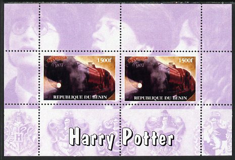 Benin 2001 Harry Potter & Hogwart's Express perf sheetlet containing 2 values (mauve background) unmounted mint. Note this item is privately produced and is offered purely on its thematic appeal, stamps on railways, stamps on films, stamps on fantasy, stamps on cinema, stamps on literature, stamps on children