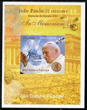 St Thomas & Prince Islands 2005 In Memoriam #5 Pope John Paul II imperf s/sheet unmounted mint. Note this item is privately produced and is offered purely on its thematic appeal , stamps on , stamps on  stamps on personalities, stamps on  stamps on pope, stamps on  stamps on religion, stamps on  stamps on popes, stamps on  stamps on angels