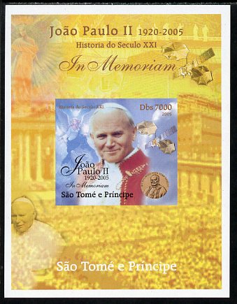 St Thomas & Prince Islands 2005 In Memoriam #7 Pope John Paul II imperf s/sheet unmounted mint. Note this item is privately produced and is offered purely on its thematic appeal , stamps on , stamps on  stamps on personalities, stamps on  stamps on pope, stamps on  stamps on religion, stamps on  stamps on popes, stamps on  stamps on angels