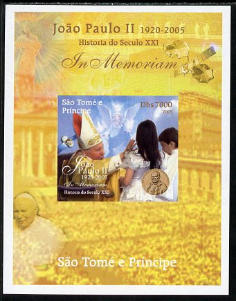 St Thomas & Prince Islands 2005 In Memoriam #8 Pope John Paul II imperf s/sheet unmounted mint. Note this item is privately produced and is offered purely on its thematic appeal , stamps on personalities, stamps on pope, stamps on religion, stamps on popes, stamps on angels