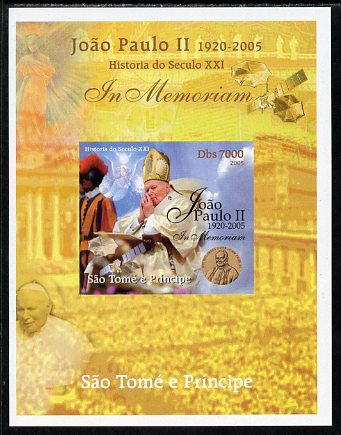 St Thomas & Prince Islands 2005 In Memoriam #9 Pope John Paul II imperf s/sheet unmounted mint. Note this item is privately produced and is offered purely on its thematic appeal , stamps on , stamps on  stamps on personalities, stamps on  stamps on pope, stamps on  stamps on religion, stamps on  stamps on popes, stamps on  stamps on angels