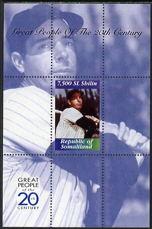 Somaliland 1999 Great People of the 20th Century - Joe Di Maggio (Baseball) perf souvenir sheet unmounted mint. Note this item is privately produced and is offered purely on its thematic appeal, stamps on , stamps on  stamps on personalities, stamps on  stamps on sport, stamps on  stamps on baseball, stamps on  stamps on millennium