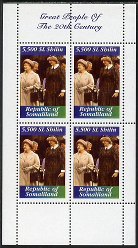 Somaliland 1999 Great People of the 20th Century - Queen Mother & Princess Diana perf sheetlet containing 4 values unmounted mint. Note this item is privately produced and is offered purely on its thematic appeal, stamps on personalities, stamps on royalty, stamps on diana, stamps on queen mother, stamps on millennium