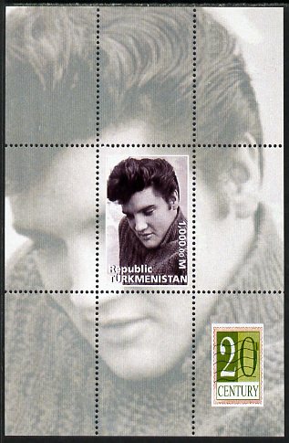 Turkmenistan 1999 Elvis Presley perf souvenir sheet unmounted mint, stamps on , stamps on  stamps on personalities, stamps on  stamps on elvis, stamps on  stamps on music, stamps on  stamps on rock, stamps on  stamps on films, stamps on  stamps on cinema, stamps on  stamps on movies