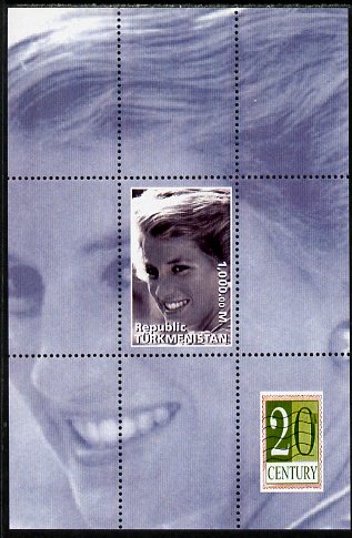 Turkmenistan 1999 Princess Diana perf souvenir sheet unmounted mint. Note this item is privately produced and is offered purely on its thematic appeal, stamps on , stamps on  stamps on personalities, stamps on  stamps on royalty, stamps on  stamps on diana, stamps on  stamps on 