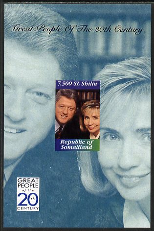 Somaliland 1999 Great People of the 20th Century - Bill & Hillary Clinton imperf souvenir sheet unmounted mint. Note this item is privately produced and is offered purely on its thematic appeal, stamps on , stamps on  stamps on personalities, stamps on  stamps on clinton, stamps on  stamps on usa presidents, stamps on  stamps on americana