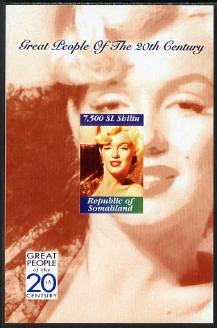 Somaliland 1999 Great People of the 20th Century - Marilyn Monroe imperf souvenir sheet unmounted mint. Note this item is privately produced and is offered purely on its thematic appeal, stamps on , stamps on  stamps on personalities, stamps on  stamps on films, stamps on  stamps on cinema, stamps on  stamps on movies, stamps on  stamps on music, stamps on  stamps on marilyn, stamps on  stamps on monroe