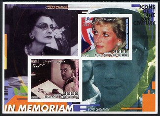 Somalia 2001 In Memoriam - Princess Diana & Walt Disney #04 imperf sheetlet containing 2 values with Coco Chanel & Yuri Gagarin in background unmounted mint. Note this item is privately produced and is offered purely on its thematic appeal, stamps on personalities, stamps on millennium, stamps on films, stamps on cinema, stamps on disney, stamps on royalty, stamps on diana, stamps on space