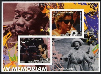 Somalia 2001 In Memoriam - Princess Diana & Walt Disney #10 imperf sheetlet containing 2 values with Louis Armstrong & Queen Mother in background unmounted mint. Note thi..., stamps on personalities, stamps on millennium, stamps on films, stamps on cinema, stamps on disney, stamps on royalty, stamps on diana, stamps on jazz, stamps on music, stamps on queen mother