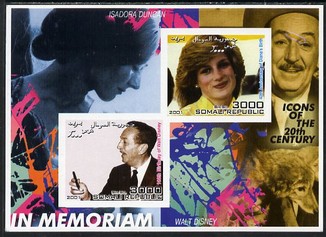 Somalia 2001 In Memoriam - Princess Diana & Walt Disney #15 imperf sheetlet containing 2 values with Isadora Duncan in background unmounted mint. Note this item is privately produced and is offered purely on its thematic appeal, stamps on , stamps on  stamps on personalities, stamps on  stamps on millennium, stamps on  stamps on films, stamps on  stamps on cinema, stamps on  stamps on disney, stamps on  stamps on royalty, stamps on  stamps on diana, stamps on  stamps on dancing