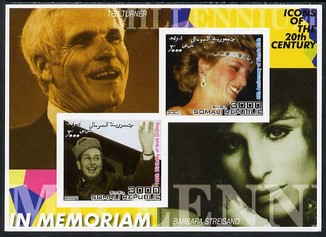 Somalia 2001 In Memoriam - Princess Diana & Walt Disney #16 imperf sheetlet containing 2 values with Ted Turner & Barbara Streisand in background unmounted mint. Note thi..., stamps on personalities, stamps on millennium, stamps on films, stamps on cinema, stamps on disney, stamps on music, stamps on diana, stamps on royalty