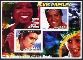 Somalia 2002 Elvis Presley 25th Anniversary of Death #02 imperf sheetlet containing 2 values with Oprah Winfrey, Allen Ginsberg & Diana in background unmounted mint. Note this item is privately produced and is offered purely on its thematic appeal, stamps on , stamps on  stamps on personalities, stamps on  stamps on millennium, stamps on  stamps on music, stamps on  stamps on elvis, stamps on  stamps on films, stamps on  stamps on cinema, stamps on  stamps on  tv , stamps on  stamps on royalty