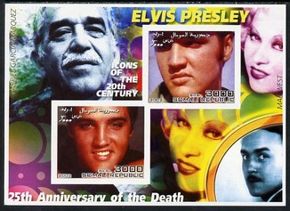 Somalia 2002 Elvis Presley 25th Anniversary of Death #03 imperf sheetlet containing 2 values with Gabriel Garcia Marquez, Mae West & Charlie Chaplin in background unmounted mint. Note this item is privately produced and is offered purely on its thematic appeal, stamps on personalities, stamps on millennium, stamps on music, stamps on elvis, stamps on films, stamps on cinema, stamps on comedy, stamps on chaplin
