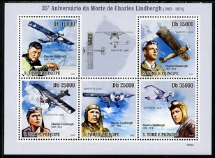 St Thomas & Prince Islands 2009 35th Death Anniversary of Charles Lindbergh perf sheetlet containing 5 values unmounted mint, stamps on personalities, stamps on aviation