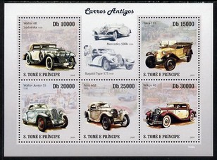 St Thomas & Prince Islands 2009 Early Cars perf sheetlet containing 5 values unmounted mint, stamps on , stamps on  stamps on cars, stamps on  stamps on mercedes, stamps on  stamps on bugatti, stamps on  stamps on 