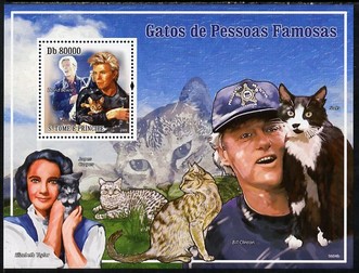 St Thomas & Prince Islands 2009 Cats and their Masters perf s/sheet unmounted mint (David Bowie, Liz Taylor & Bill Clinton), stamps on , stamps on  stamps on personalities, stamps on  stamps on cats, stamps on  stamps on clinton, stamps on  stamps on usa presidents, stamps on  stamps on rock, stamps on  stamps on pops, stamps on  stamps on filns, stamps on  stamps on movies, stamps on  stamps on cinema