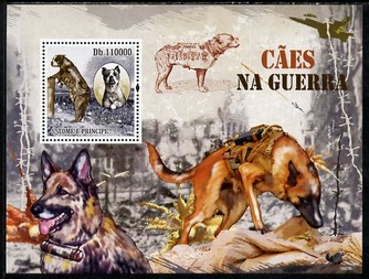 St Thomas & Prince Islands 2009 Dogs in War perf sheetlet containing 5 values unmounted mint, stamps on , stamps on  stamps on dogs, stamps on  stamps on militaria, stamps on  stamps on 