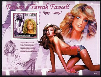 St Thomas & Prince Islands 2009 Famous Actresses - Farrah Fawcett perf s/sheet unmounted mint, stamps on personalities, stamps on films, stamps on movies, stamps on cinema, stamps on women