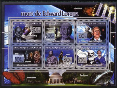 Guinea - Conakry 2009 Death of Edward Lorenz perf sheetlet containing 6 values unmounted mint, stamps on , stamps on  stamps on personalities, stamps on  stamps on maths, stamps on  stamps on weather, stamps on  stamps on satellites, stamps on  stamps on bicycles, stamps on  stamps on disasters, stamps on  stamps on butterflies