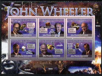 Guinea - Conakry 2009 Death of John Wheeler perf sheetlet containing 6 values unmounted mint, stamps on personalities, stamps on space, stamps on physics, stamps on einstein, stamps on satellites, stamps on 