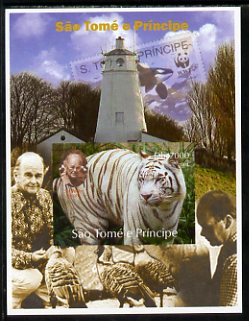 St Thomas & Prince Islands 2004 WWF & Sir Peter Scott #2 imperf s/sheet with Lighthouse in background unmounted mint. Note this item is privately produced and is offered ..., stamps on personalities, stamps on lighthouses, stamps on  wwf , stamps on stamponstamp, stamps on stamp on stamp, stamps on whales, stamps on tigers, stamps on cats