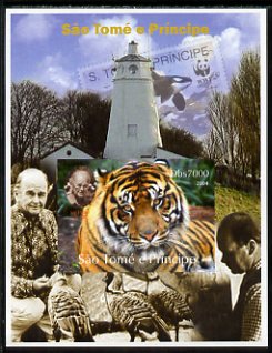 St Thomas & Prince Islands 2004 WWF & Sir Peter Scott #3 imperf s/sheet with Lighthouse in background unmounted mint. Note this item is privately produced and is offered ..., stamps on personalities, stamps on lighthouses, stamps on  wwf , stamps on stamponstamp, stamps on stamp on stamp, stamps on whales, stamps on tigers, stamps on cats