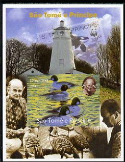 St Thomas & Prince Islands 2004 WWF & Sir Peter Scott #4 imperf s/sheet with Lighthouse in background unmounted mint. Note this item is privately produced and is offered purely on its thematic appeal, stamps on personalities, stamps on lighthouses, stamps on  wwf , stamps on stamponstamp, stamps on stamp on stamp, stamps on whales, stamps on birds, stamps on ducks