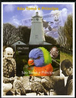 St Thomas & Prince Islands 2004 WWF & Sir Peter Scott #6 imperf s/sheet with Lighthouse in background unmounted mint. Note this item is privately produced and is offered ..., stamps on personalities, stamps on lighthouses, stamps on  wwf , stamps on stamponstamp, stamps on stamp on stamp, stamps on whales, stamps on birds, stamps on parrots