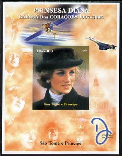 St Thomas & Prince Islands 2005 Princess Diana - Queen of Our Hearts #2 imperf s/sheet with Concorde, Beatles & Satellite in background unmounted mint. Note this item is ..., stamps on personalities, stamps on royalty, stamps on diana, stamps on concorde, stamps on aviation, stamps on beatles, stamps on music, stamps on rock, stamps on pops, stamps on satellites, stamps on space, stamps on london, stamps on  f1 , stamps on formula 1, stamps on tobacco, stamps on  jps , stamps on 