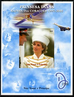 St Thomas & Prince Islands 2005 Princess Diana - Queen of Our Hearts #3 imperf s/sheet with Concorde, Beatles & Satellite in background unmounted mint. Note this item is ..., stamps on personalities, stamps on royalty, stamps on diana, stamps on concorde, stamps on aviation, stamps on beatles, stamps on music, stamps on rock, stamps on pops, stamps on satellites, stamps on space, stamps on london, stamps on  f1 , stamps on formula 1, stamps on tobacco, stamps on  jps , stamps on 