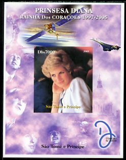 St Thomas & Prince Islands 2005 Princess Diana - Queen of Our Hearts #4 imperf s/sheet with Concorde, Beatles & Satellite in background unmounted mint. Note this item is privately produced and is offered purely on its thematic appeal, stamps on , stamps on  stamps on personalities, stamps on  stamps on royalty, stamps on  stamps on diana, stamps on  stamps on concorde, stamps on  stamps on aviation, stamps on  stamps on beatles, stamps on  stamps on music, stamps on  stamps on rock, stamps on  stamps on pops, stamps on  stamps on satellites, stamps on  stamps on space, stamps on  stamps on london, stamps on  stamps on  f1 , stamps on  stamps on formula 1, stamps on  stamps on tobacco, stamps on  stamps on  jps , stamps on  stamps on 