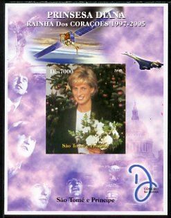 St Thomas & Prince Islands 2005 Princess Diana - Queen of Our Hearts #7 imperf s/sheet with Concorde, Beatles & Satellite in background unmounted mint. Note this item is privately produced and is offered purely on its thematic appeal, stamps on , stamps on  stamps on personalities, stamps on  stamps on royalty, stamps on  stamps on diana, stamps on  stamps on concorde, stamps on  stamps on aviation, stamps on  stamps on beatles, stamps on  stamps on music, stamps on  stamps on rock, stamps on  stamps on pops, stamps on  stamps on satellites, stamps on  stamps on space, stamps on  stamps on london, stamps on  stamps on  f1 , stamps on  stamps on formula 1, stamps on  stamps on tobacco, stamps on  stamps on  jps , stamps on  stamps on 