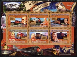 Guinea - Conakry 2008 Locomotives & John Shedd Reed perf sheetlet containing 6 values unmounted mint, stamps on personalities, stamps on railways